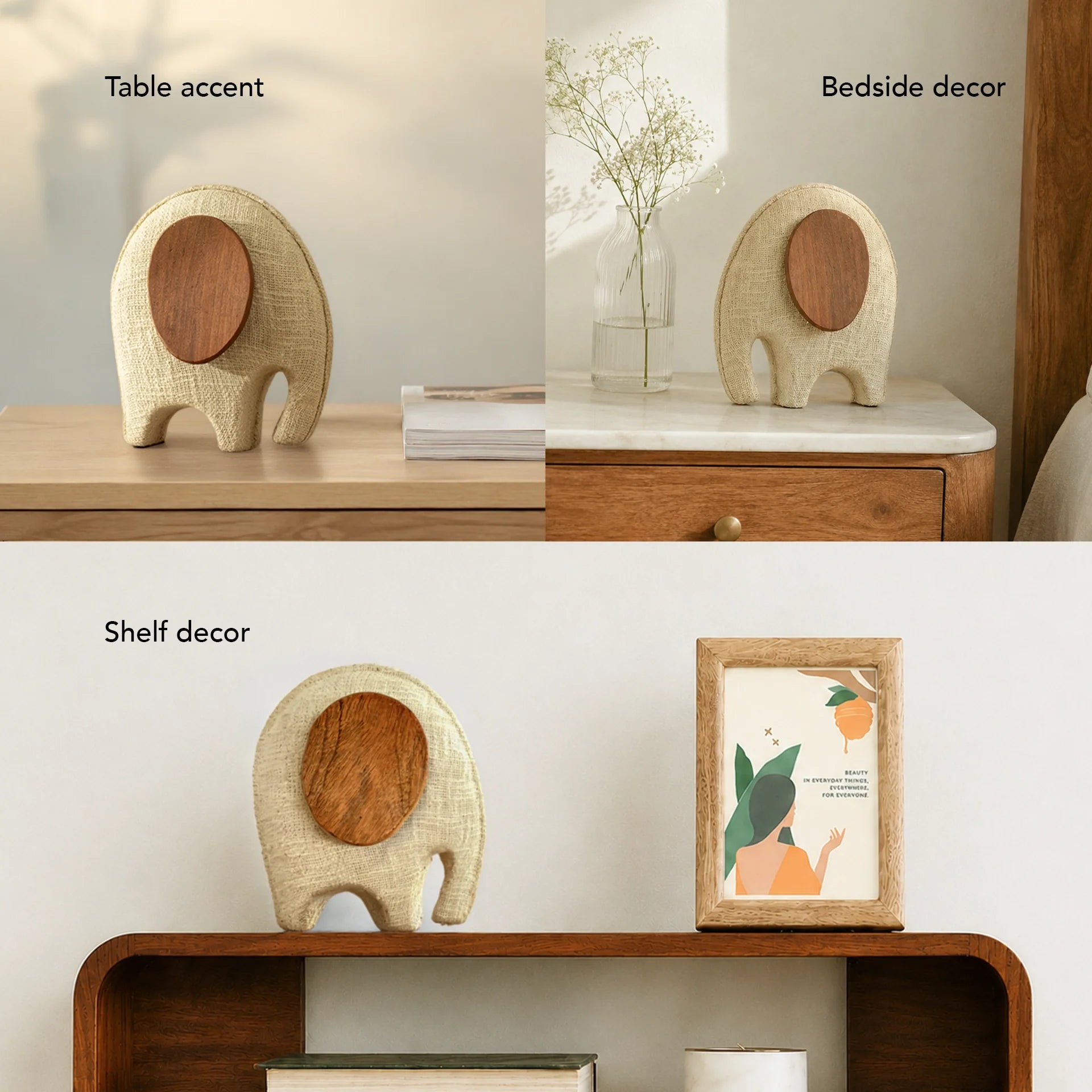 Petite sculpture d'éléphant avec des oreilles en bois
